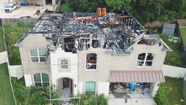 Aerial view of fire damage to home